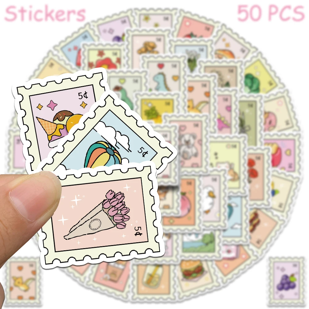 50pcs Cartoon Stamps Stickers Decals For Laptop Letter Scrapbook Luggage DIY Aesthetic Waterproof Stickers Creative Gifts image 3