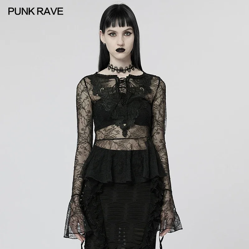 

PUNK RAVE Women's Gothic Big Round Neck Trumpet Cuff Light Lace T-shirt Black Enlarged Hem Tops Spring Summer Women Clothing