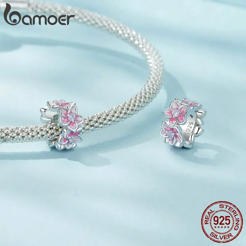 BAMOER 925 Sterling Silver Cherry Flower Charm Stopper Beads fit for European Bracelets Women Jewelry DIY Charms SCC2818 image 3