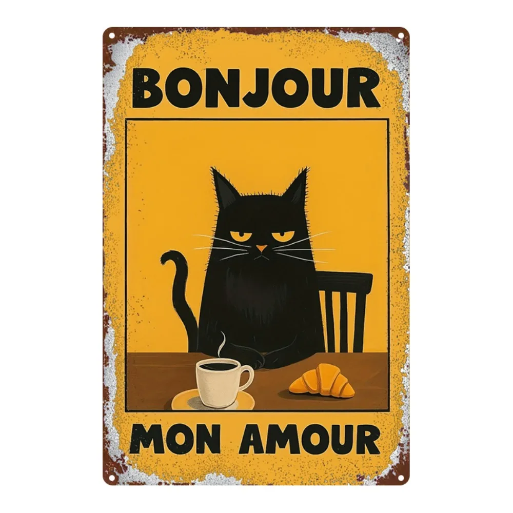 CIFBUY Vintage Aluminum Wall Art Waterproof Durable Black Cat Coffee Croissant Plaque for Cafe Bar Garage Home Farmhouse Decor