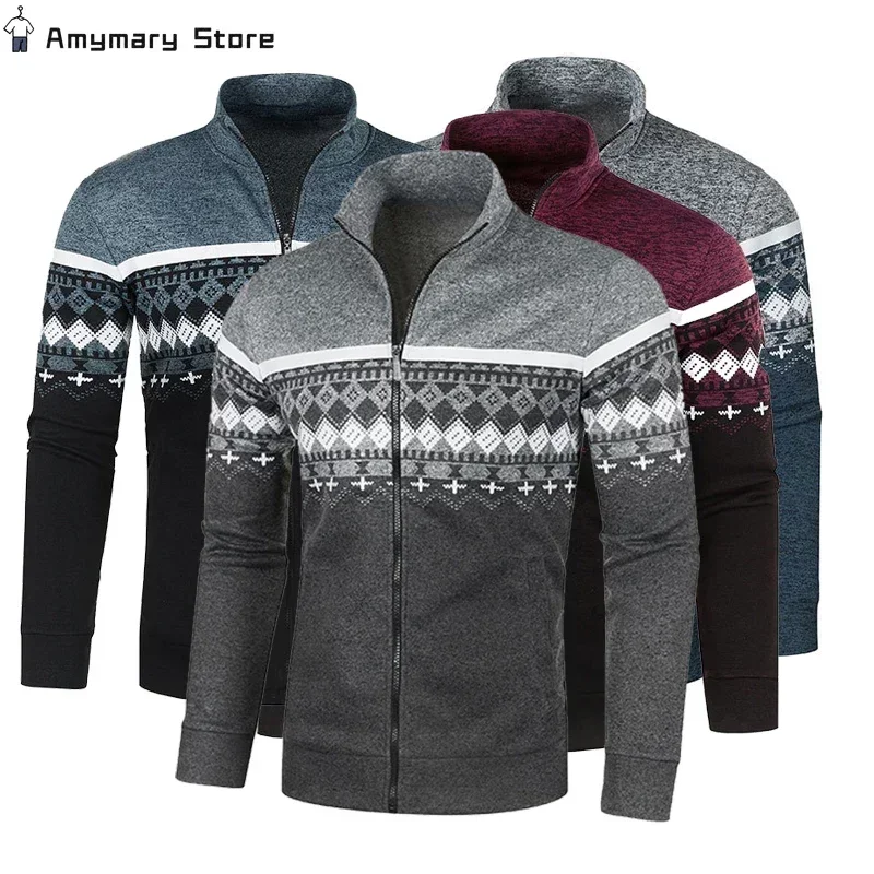 Men\'s Retro Jacquard Knit Cardigan Fashion Warm Zipper Pullover Casual Slim Collar Sweater Coat Men Outwear Street Wear S-3XL