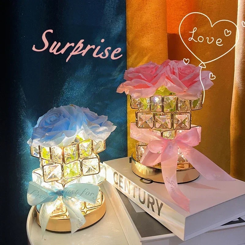 

LED Decor Table Lamp Rechargeable 3color Rose Crystal Magic Cube Night Light Gifts For Girl Friend Valentine's Day Birthday