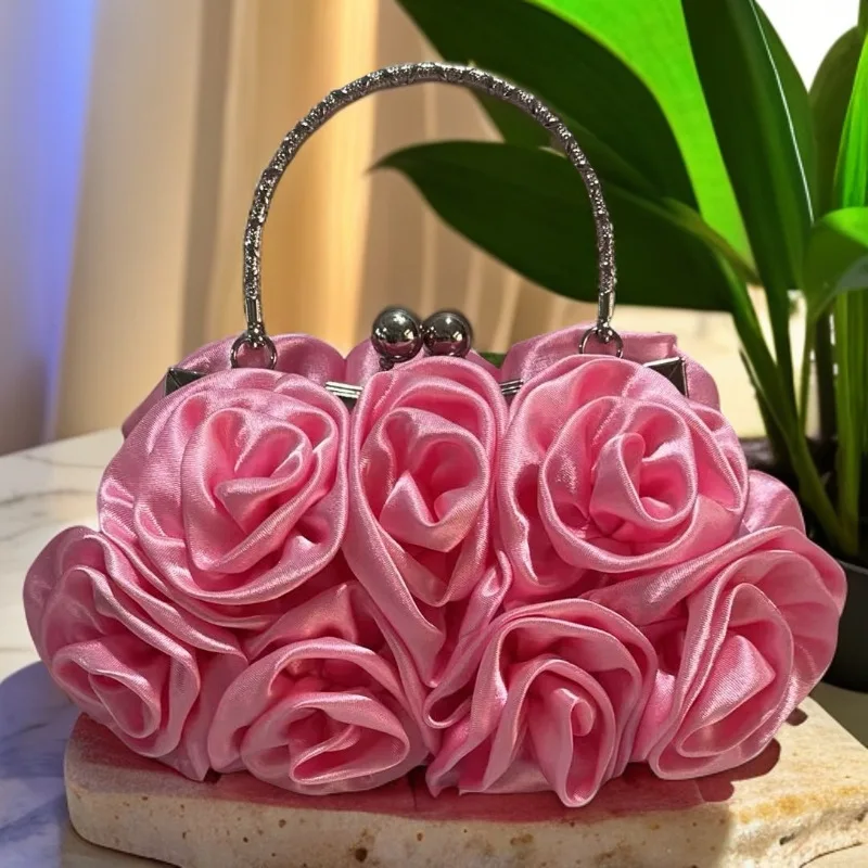 

Satin Flower Clutch Bag for Women Retro Metal Handbag with Chain Shoulder Strap Banquet Party Evening Bag in Blue Silver Black