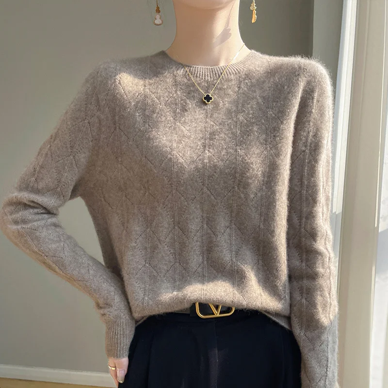 Women's O-Neck Hollow Sweater, Long-Sleeved Knitted Bottoming Shirt, Wool Top, 100% Material, Spring and Autumn, 100%