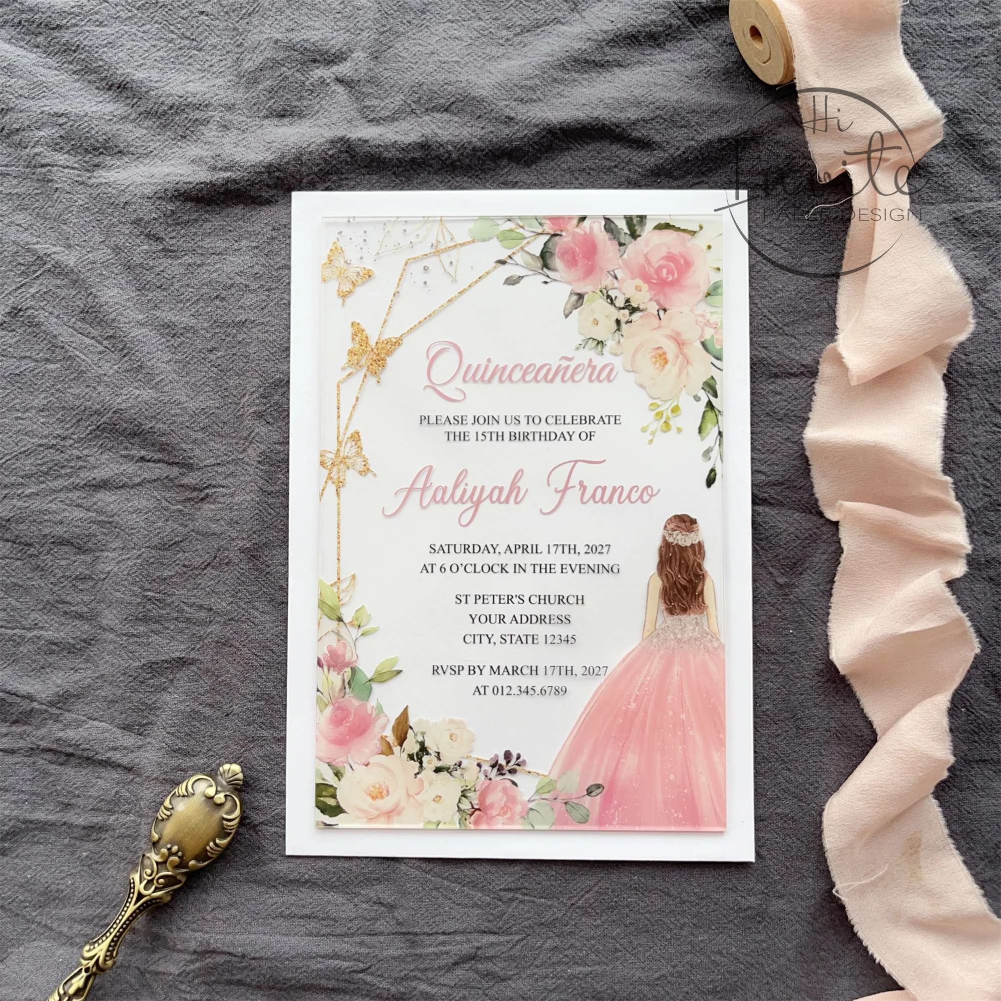 

Personalized Blush Princess Sweet 16 Acrylic Invitation, Gold Butterfly Mis XV Anos Acrylic Invite, Sweet 15 Card