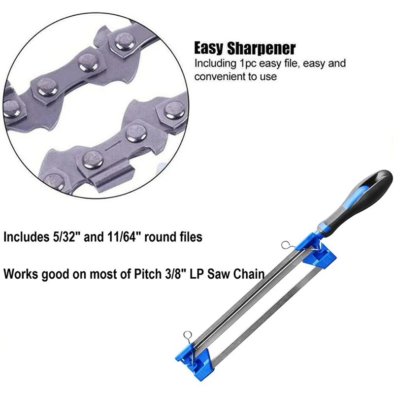 Chainsaw Chain Sharpener 2 In 1 Pitch Fast Chain Saw Teeth Kit 5/32Inch 11/64Inch Round Files For 3/8 3/8P Saw Chain