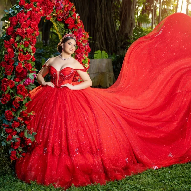 

Shiny Red Quinceanera Dress off-shoulder Glitter Crystal Decal Long tail Bow vestidos de 15 Quinceanera ﻿Customized