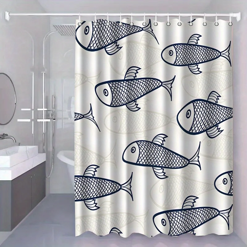 1pc with Hook Shower Curtain, Fish and Shadow Printed Pattern, High-end and Elegant, Machine-washable, Suitable for Bathroom and