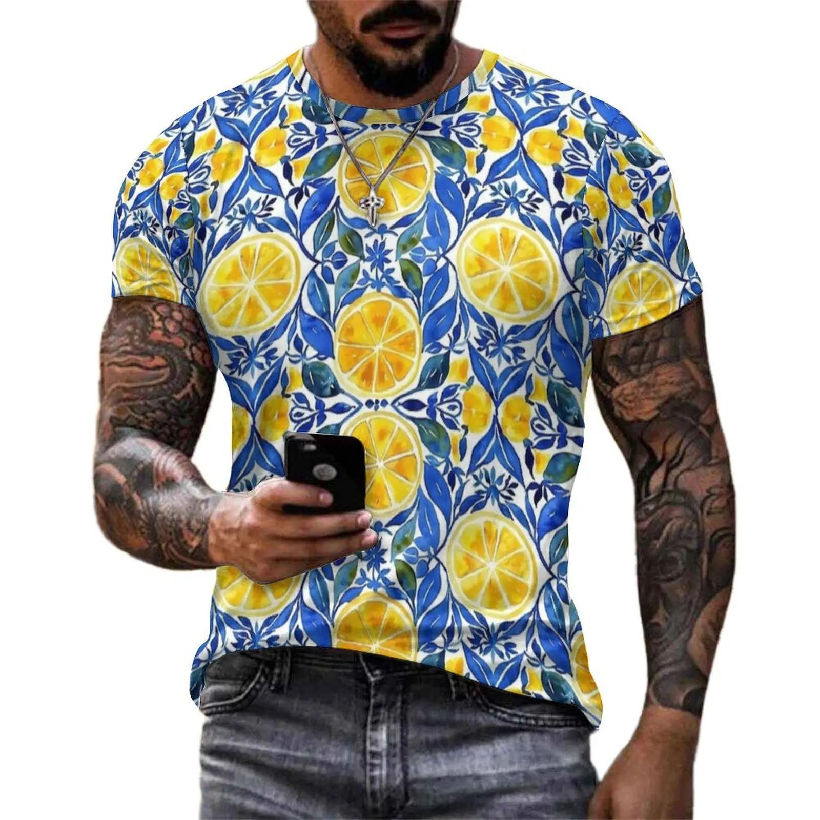 Blue Citrus Tile Print T Shirt  Retro T Shirts Man Aesthetic Tshirt Summer Short-Sleeve Printed Tops Big Size 5XL 6XL