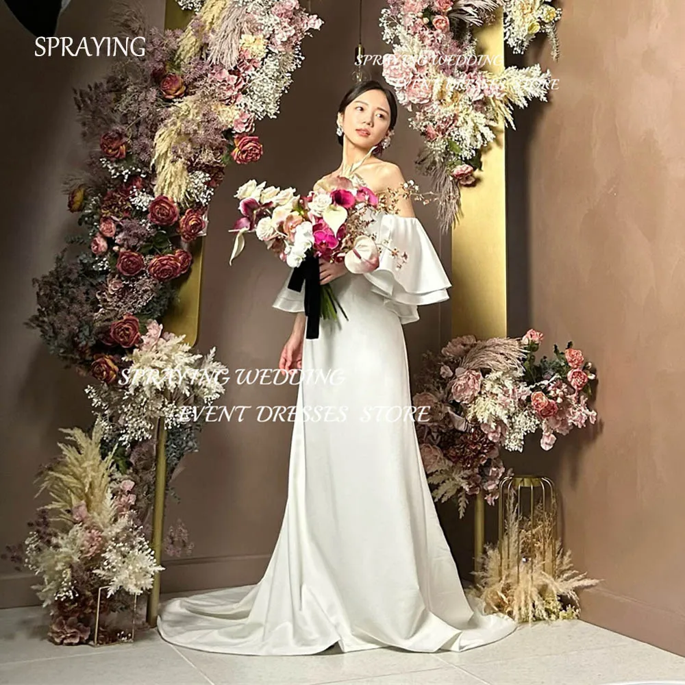 

SPRAYING 2024 Made Simple Strapless A-line Japan Wedding Dress Satin Flare Sleeve Bridal Gown Floor-Length Long Wedding Robe