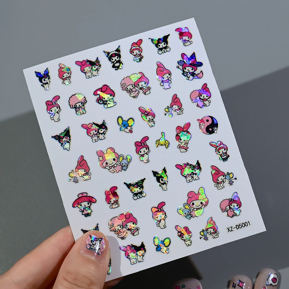 1Pcs-3D Holographicเลเซอร์Kuromi & Melody & Kittyสติกเกอร์เล็บการ์ตูนสีชมพู/สีม่วงKuromi,Kittyเล็บDecal DIYเล็บKuromi Slider