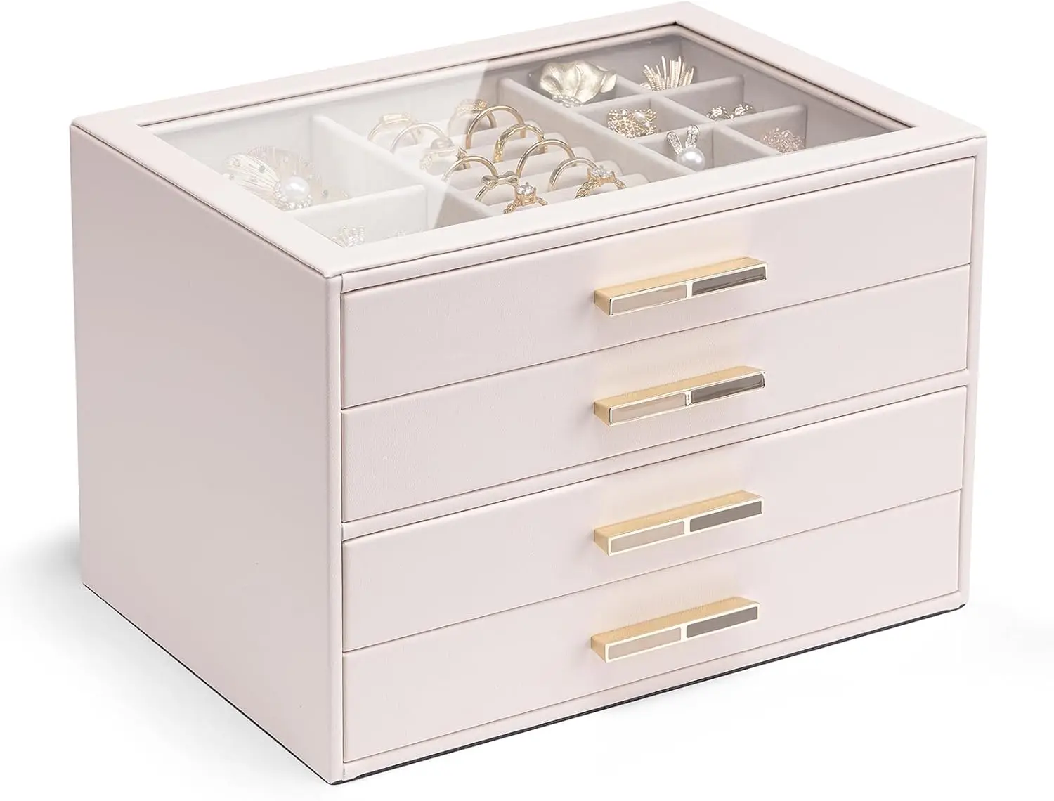 

4-Drawer Jewelry Box with Glass Lid, Faux Leather Organizer for Rings, Earrings, Necklaces - Pink Beige