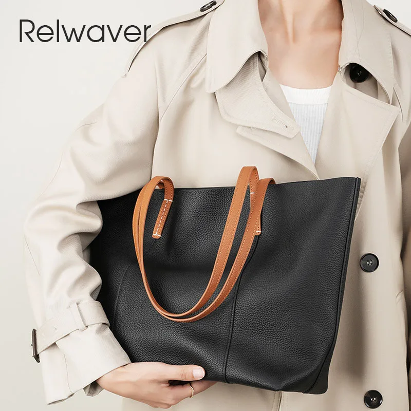 Relwaver-sacola de couro genuíno feminina, bolsa de couro de camada superior, bolsa de ombro, bolsa feminina grande e macia, outono e inverno, 2022