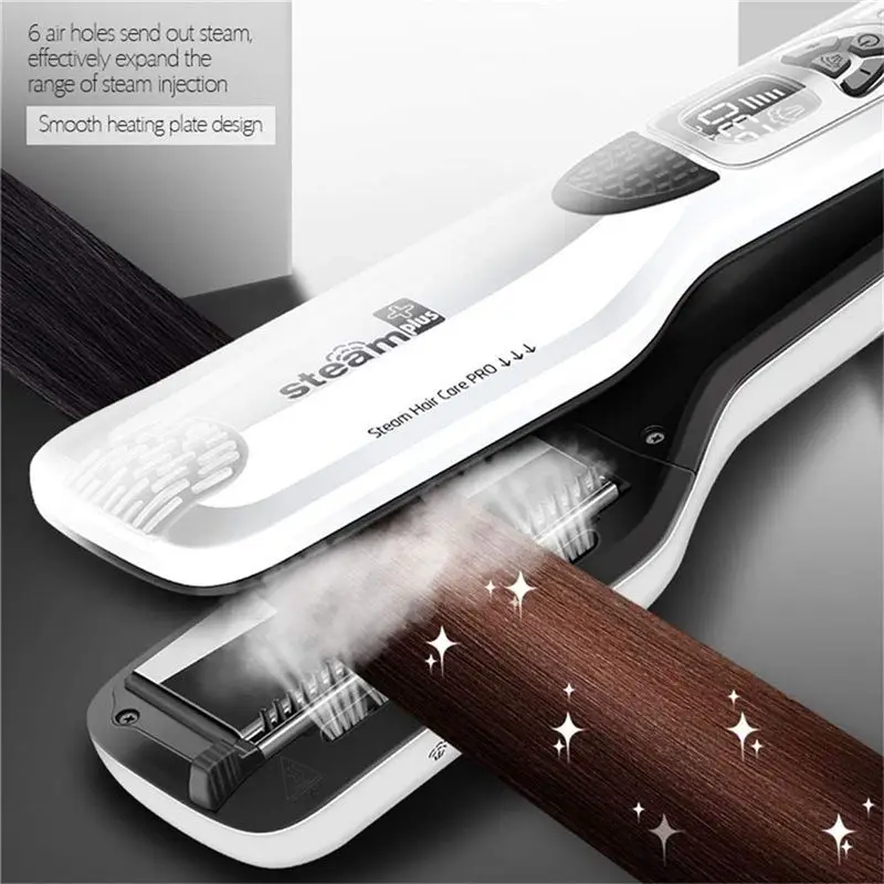 A76G-Professional Salon Steam Hair Straightener Nano Titanium Steam Flat Iron + Removable Comb EU Plug White