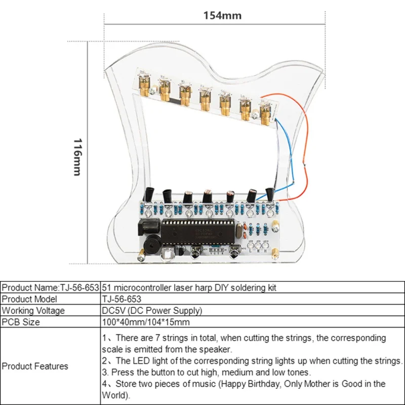 Kit electrónico de arpa láser DIY, arpa electrónica de microcontrolador 51 para fabricación electrónica, proyecto de soldadura de chatarra, DC 5V