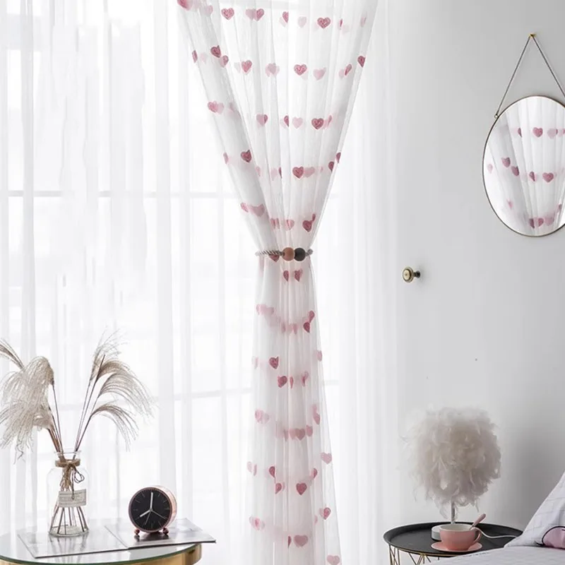 Koreanische Mädchen Sheer Voile Vorhang Rosa Liebe Herz Stickerei Tüll Vorhang Reday Made Fenster Bildschirme Für Wohnzimmer Schlafzimmer