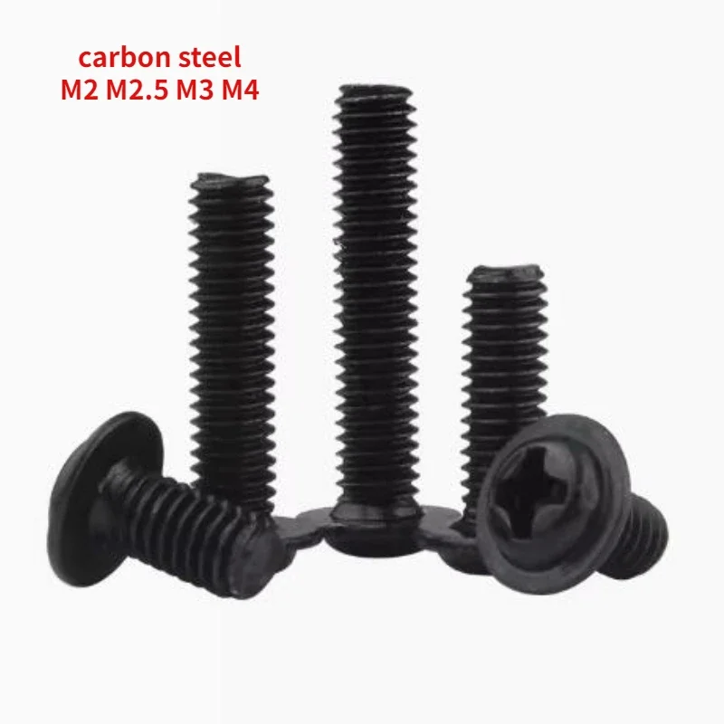 

100/200/500pcs PWM DIN967 M2 M2.5 M3 M4 Black Carbon Steel Cross Round Phillips Pan Head with Washer Padded Collar Screw Bolt