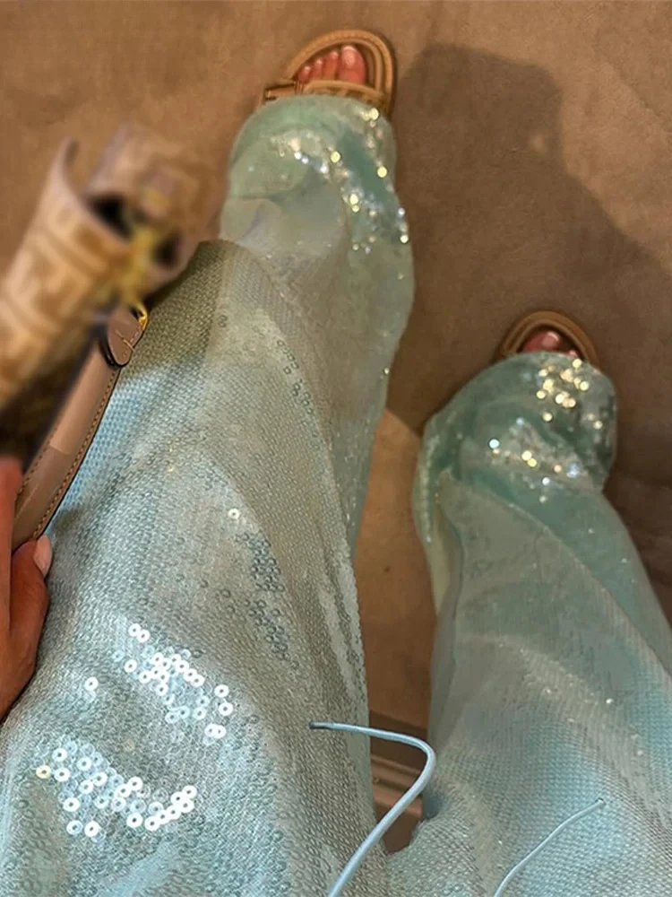 Street Sequin Lace Up Pants Women Elastic Low Waist Wide Leg Trousers Female 2025 Spring Summer Lady Shiny Party Club Clothes