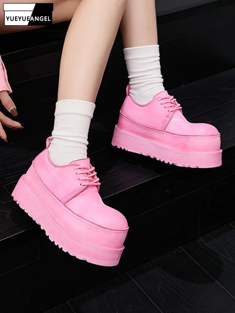 

Женские туфли на толстой платформе из натуральной кожи, на шнуровке, повседневные, модные, из воловьей кожи, увеличивающие рост, однотонные, с круглым носком