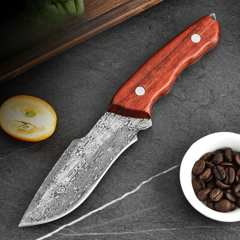 Damascus-patterned fruit knife outdoor meat knife Mongolia knife hand-to-hand portable self-defense sharp knife camping