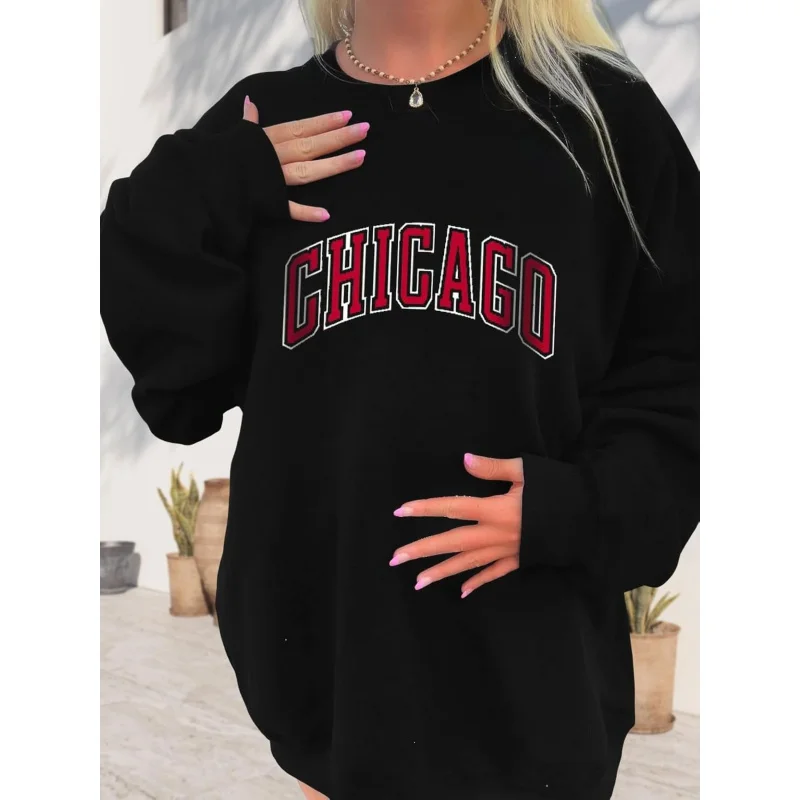 Girls' Black Letter Printed Sports Shirt With Long Sleeves And Cute Los Angeles Round Neck Oversized Top