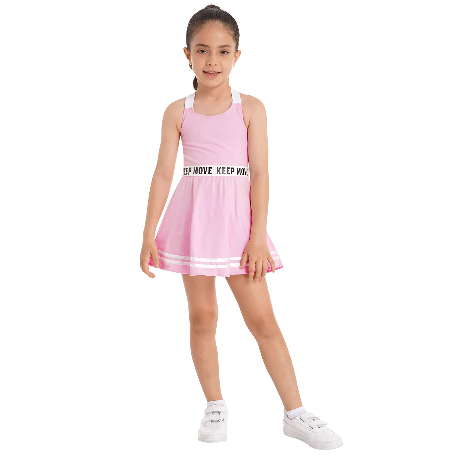 Traje deportivo de verano para niñas, 2 piezas, vestido informal de tenis de bádminton sin mangas con letras estampadas, conjunto de una línea +