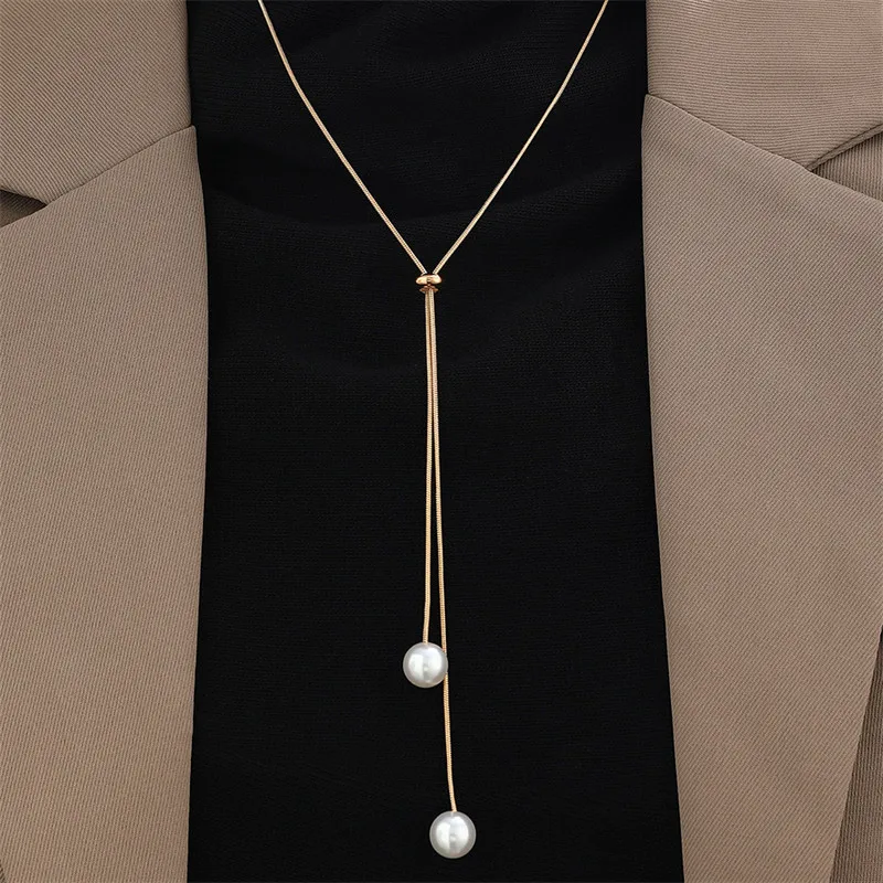 Fashion Silver Color Long Tassel Pull Pearl Pendant Necklaces for Women Simple Adjustable Clavicle Chain Choker Jewelry Gift