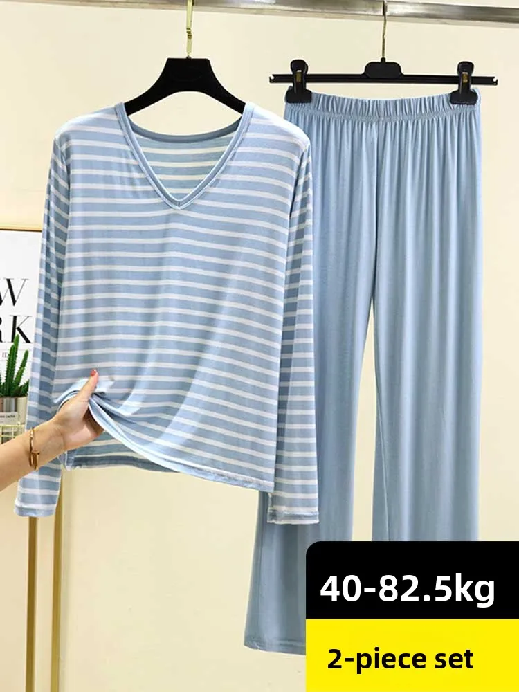 

Women's Modal Stripe Sleepwear Pants Set Spring Autumn Lightweight Casual T-Shirt Top Long Sleeve V-Neck Home Clothes Outerwear