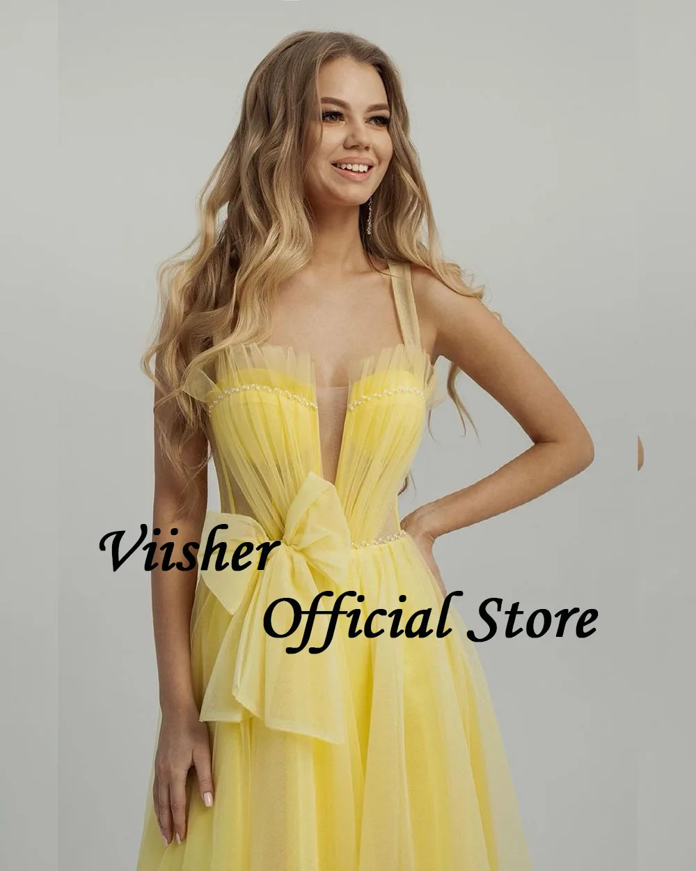 Viisher Yellow Tulle Prom Dresses with Bow Sweetheart A Line Evening Party Dress Ankle Length Celebrate Evetn Gowns