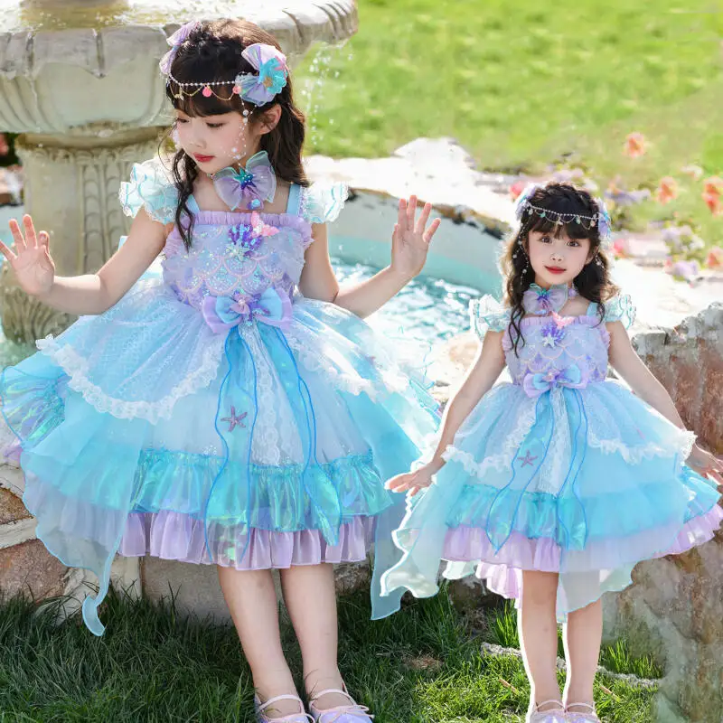 

Платье-русалка в стиле Лолита для девочек, винтажное кружевное платье, милое пышное платье с оборками и юбкой-пачкой, детское нарядное платье для вечеринок, подарок