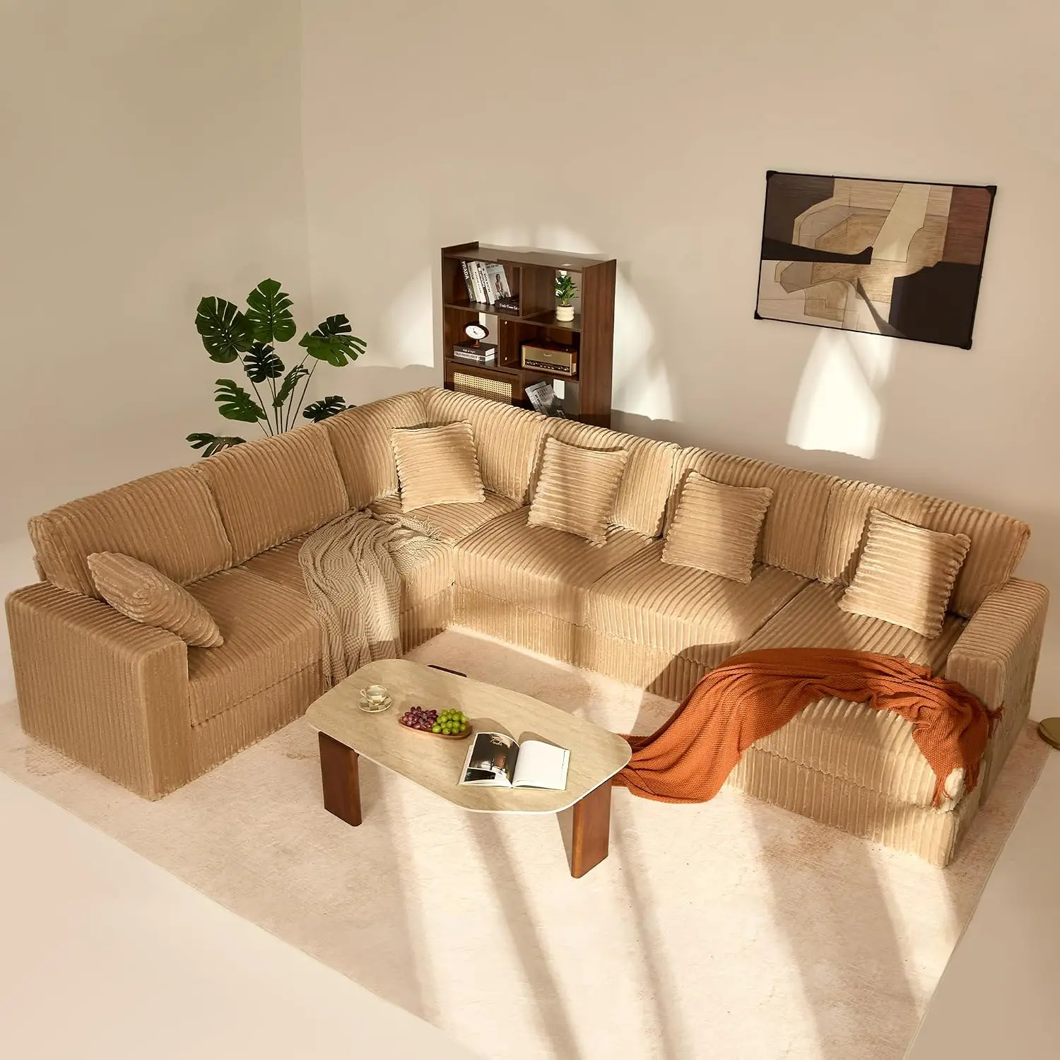 U Shaped Cloud Modular Sectional Sofa Deep Seats Camel, Customized