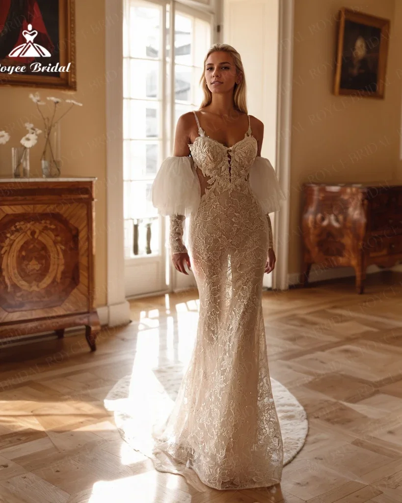 

Roycebridal Full Lace Mermaid Wedding Dress Detachable Long Sleeves Spaghetti Strap Sweetheart Neck Boho Bridal Gowns Customized