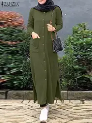 Muslim Autumn Sundress ZANZEA Women Long Sleeve Casual Solid Shirt Dress Turkey Abaya Robe Femme Casual Loose Buttons Vestidos