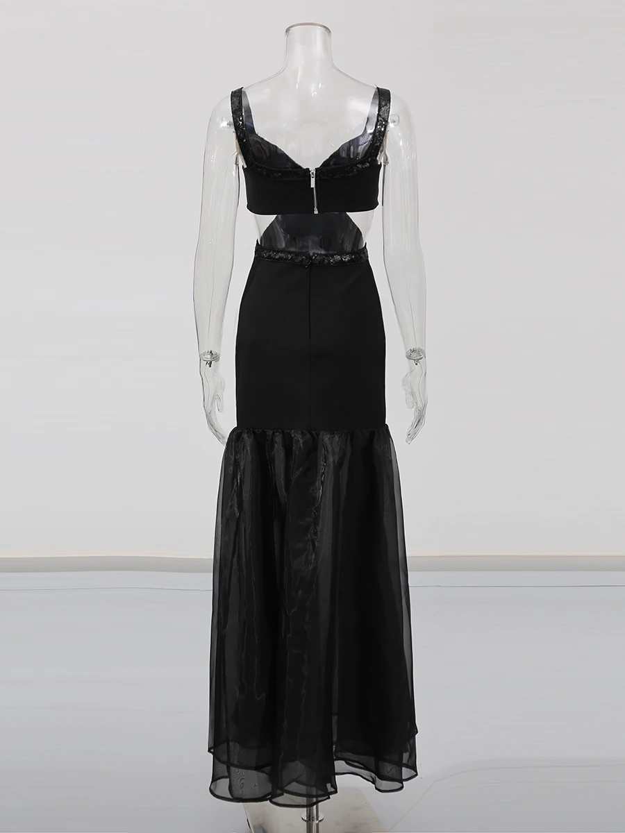 CHICEVER vestido largo de noche Formal para mujer, cuello oblicuo, hombros descubiertos, cintura alta, recortes, malla de retales, vestidos elegantes para mujer