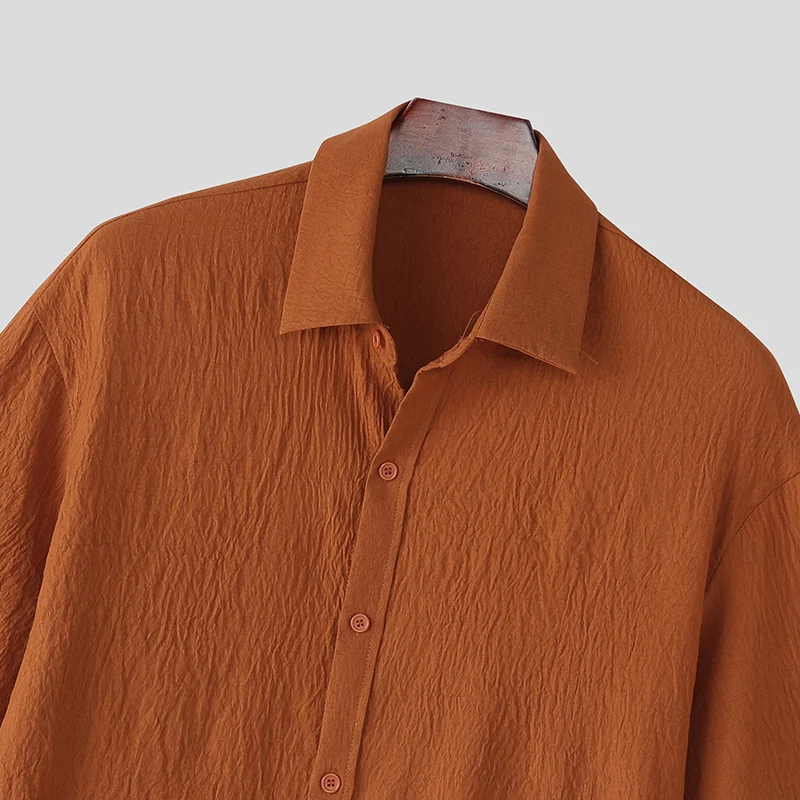 INCERUN الرجال قميص بلون التلبيب قصيرة الأكمام ملابس الرجال غير رسمية الشارع الشهير فضفاض الكورية نمط الترفيه الأساسية قمصان الرجال بلايز #6