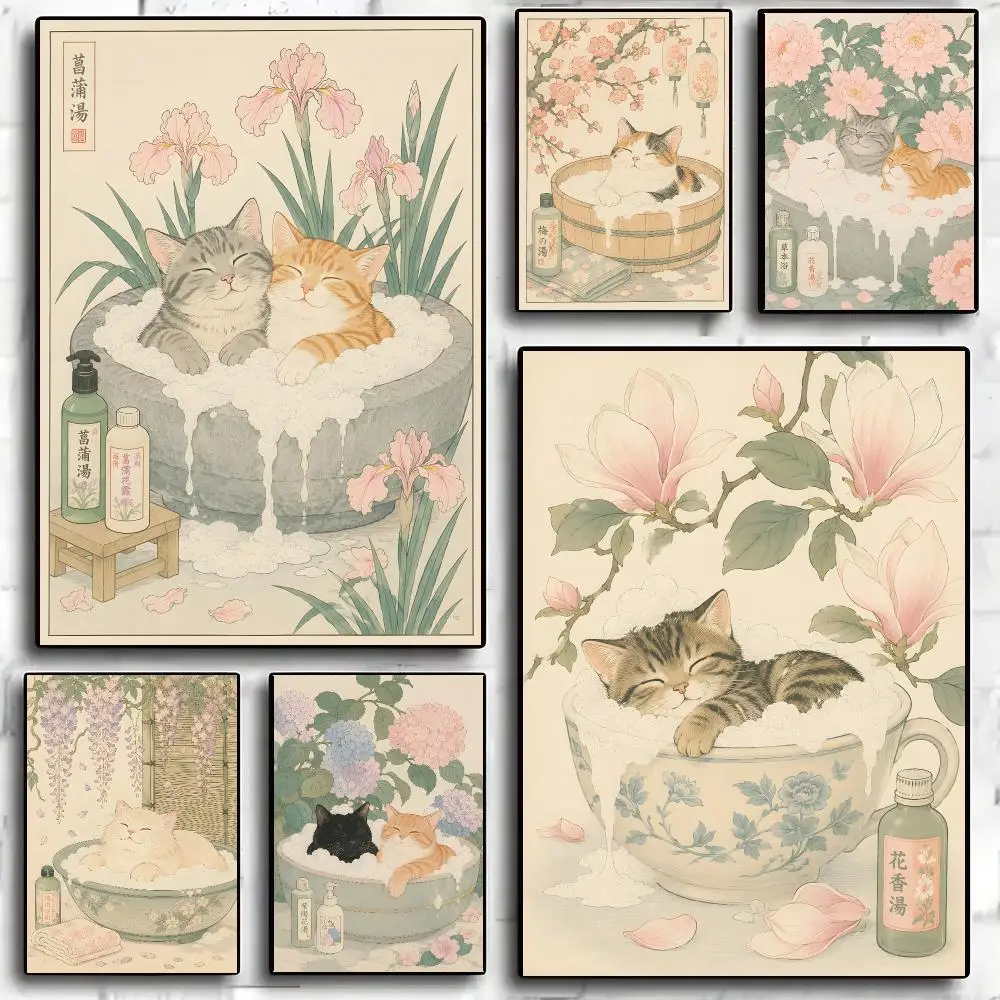 Japanese bath cat floral ukiyo-e collage Poster Art HD Advanced Aesthetic Printing Paper Wall Art for Living Room Home Decor