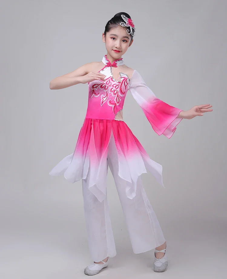 Kinder Elegante Fan Danskleding Oude Chinese Kostuum Paraplu Dans Nieuwe Yangko Hanfu Kleding Podiumvoorstelling