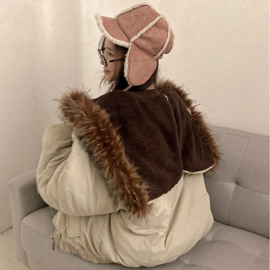 

Women's Thiened Cotton Jaet Coat with Fur Collar Korean Sle Chic Design Sense Warmth with Horn Buttons Hooded Top