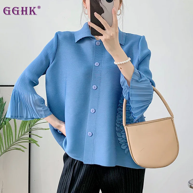 GGHK Women Casual Top 2024 Spring Autumn New Item Solid Color Lapel Single Breasted Embroidered Design Fashionable Thin Jacket