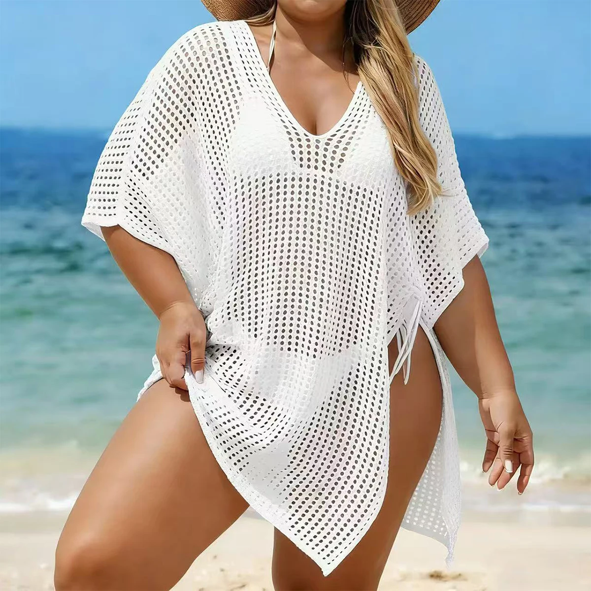 

Женская пляжная накидка свободного кроя с вырезами, однотонный вязаный топ с V-образным вырезом и боковым разрезом, повседневная летняя одежда, модная одежда больших размеров