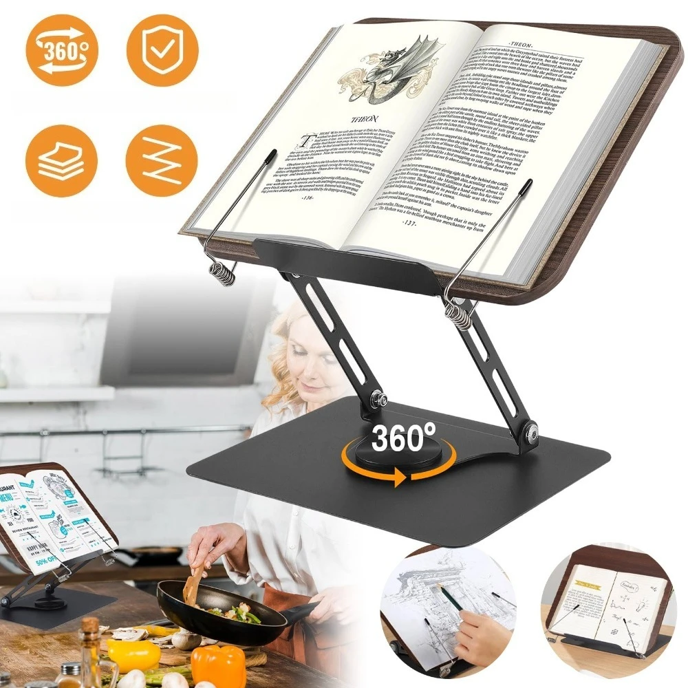 Support de livre rotatif en grain de noyer noir, support de lecture ergonomique réglable, presse-page stable et portable pour l'étude, le bureau, la lecture à domicile et la visualisation de tablettes