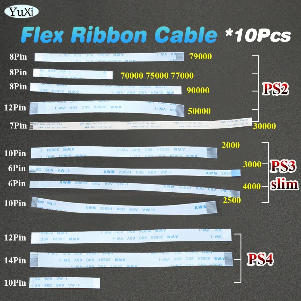 10 pièces de câble de commutateur d\'alimentation de carte de charge pour PS4, PS2, PS3, contrôle mince, 14 broches, 12 broches, 10 broches, pavé