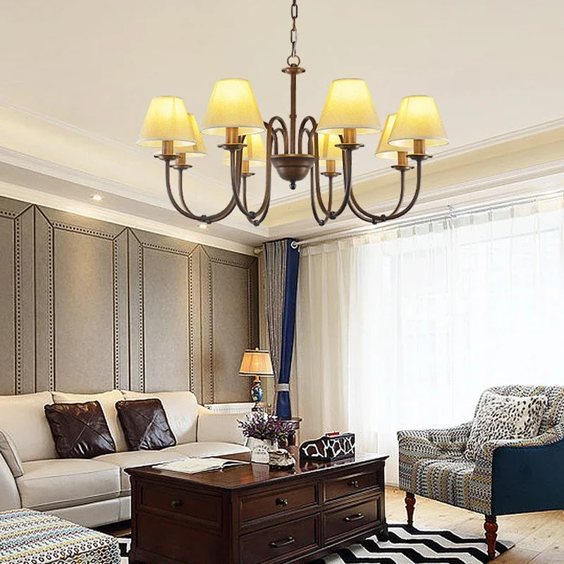 American Country Lustre Chandelier Retro Living Room Decor Bedroom Lamp Dining Room Fabric Lampshade Home Ceiling Pendant Lamps