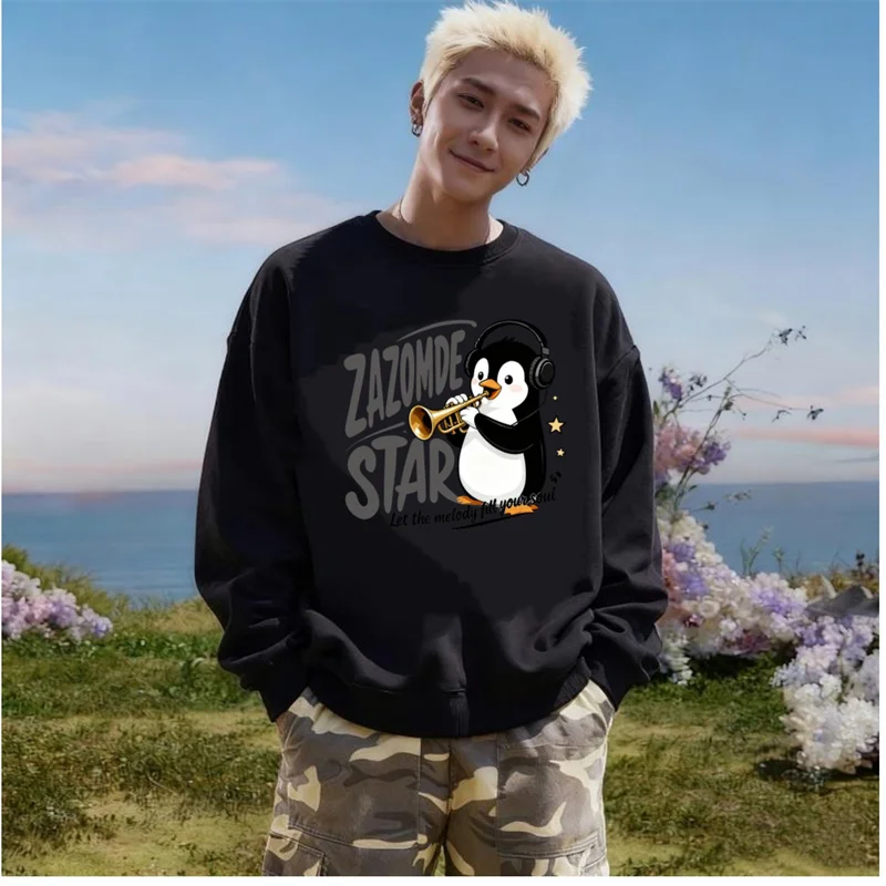 ZAZOMDE Jazz Band Penguin Graphic Sweatshirt For Men Women Funny Cartoon Trumpet Player Print Long Sleeve Crewneck Loose Fit