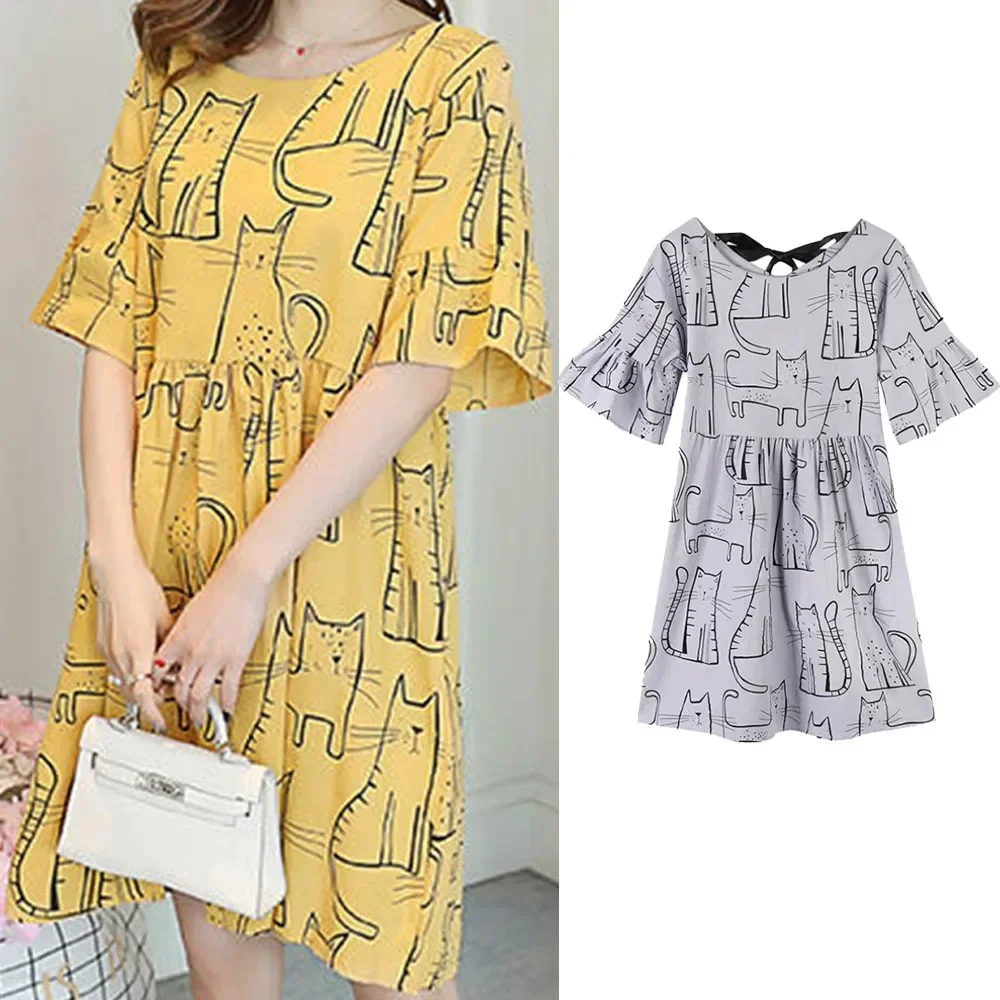 Women Pregnancy Dress Summer Loose Korean Style A-shaped Medium Length Costume Cartoon Cat Pregnancy Clothes Maternity Dresses