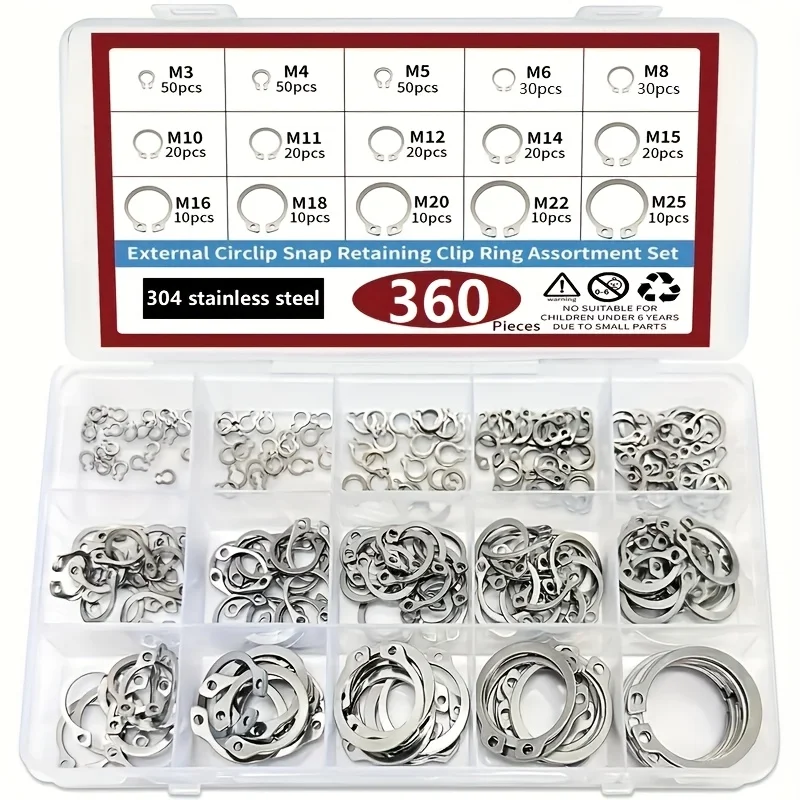 

360 шт. Внешнее стопорное кольцо типа C, стопорное кольцо из нержавеющей стали 304, шайба вала, прокладка M3 M4 M5 M6 M8 M10 M11 M12 M14 M15 M22 M25