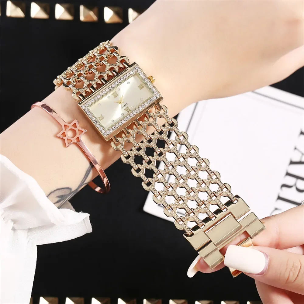 Luxury Ladies Simple Diamond Set Square Bracelet Quartz Watches Fashion Gold Stainless Steel Skeleton Women Clock Dress Watch