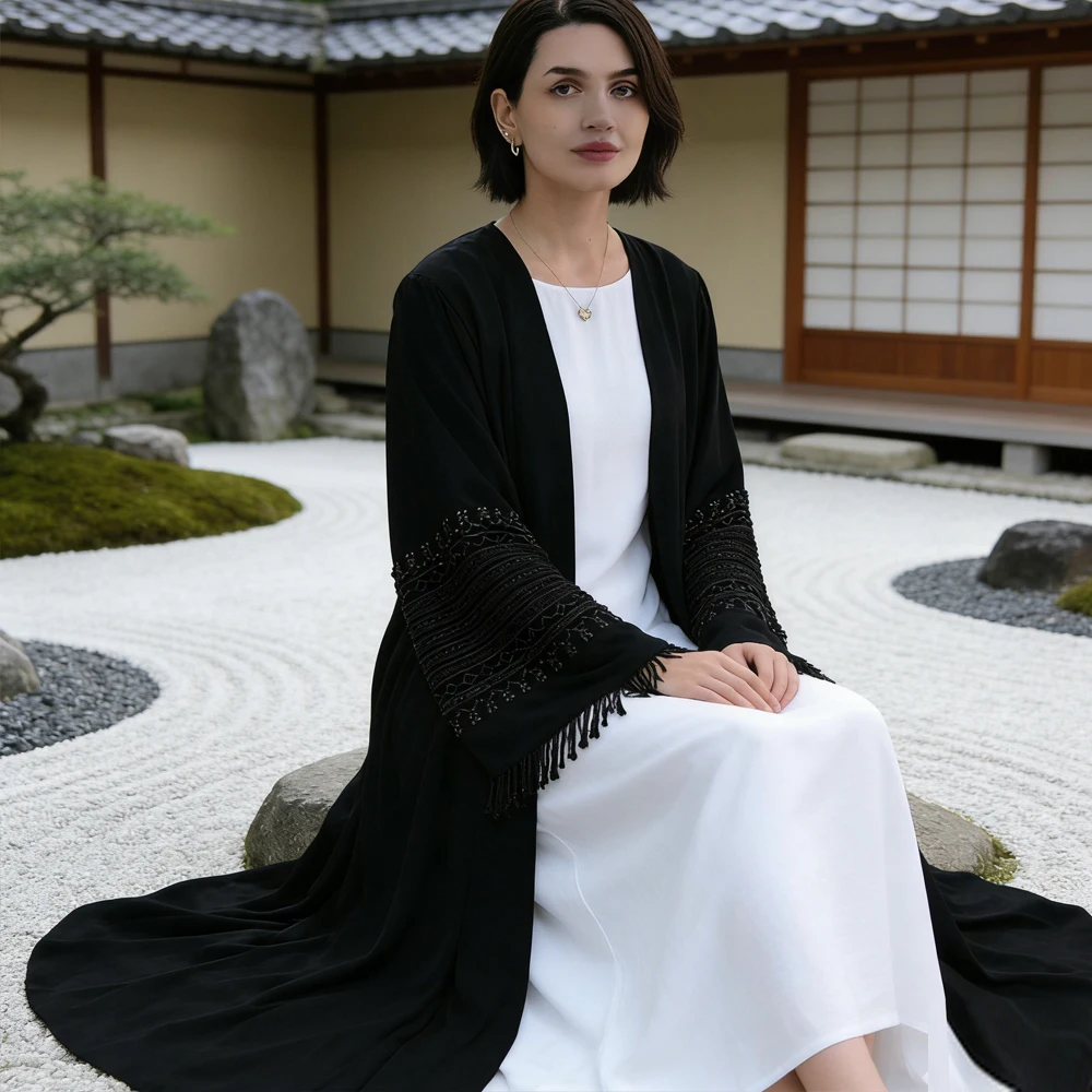 

Ramadan Tassel Beading Kimono Cardigan Dubai Open Abaya Muslim Women Dress Turkey Kaftan Eid Kebaya Islam Jalabiya Kaftan Robe