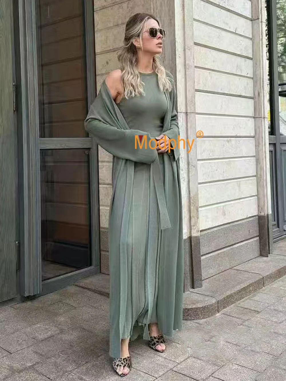 Elegant Solid Knitted Cardigan Long Dress Set Women Oversized Long Sweater Coat & Sleeveless Pleated Dress Two Piece Set Suit