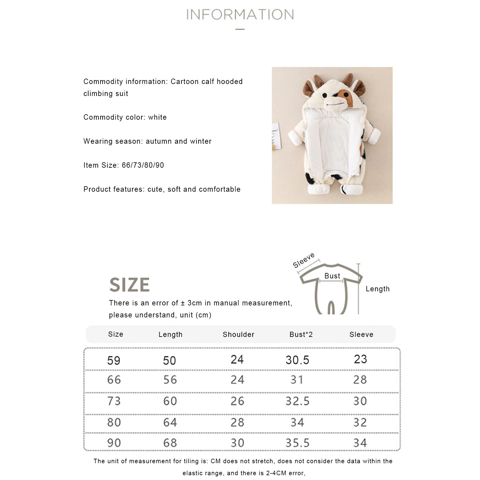 Baby Girls Boys Winter Plush Jumpsuit Long Sleeve Cartoon Cow Print Zipper Hooded Romper